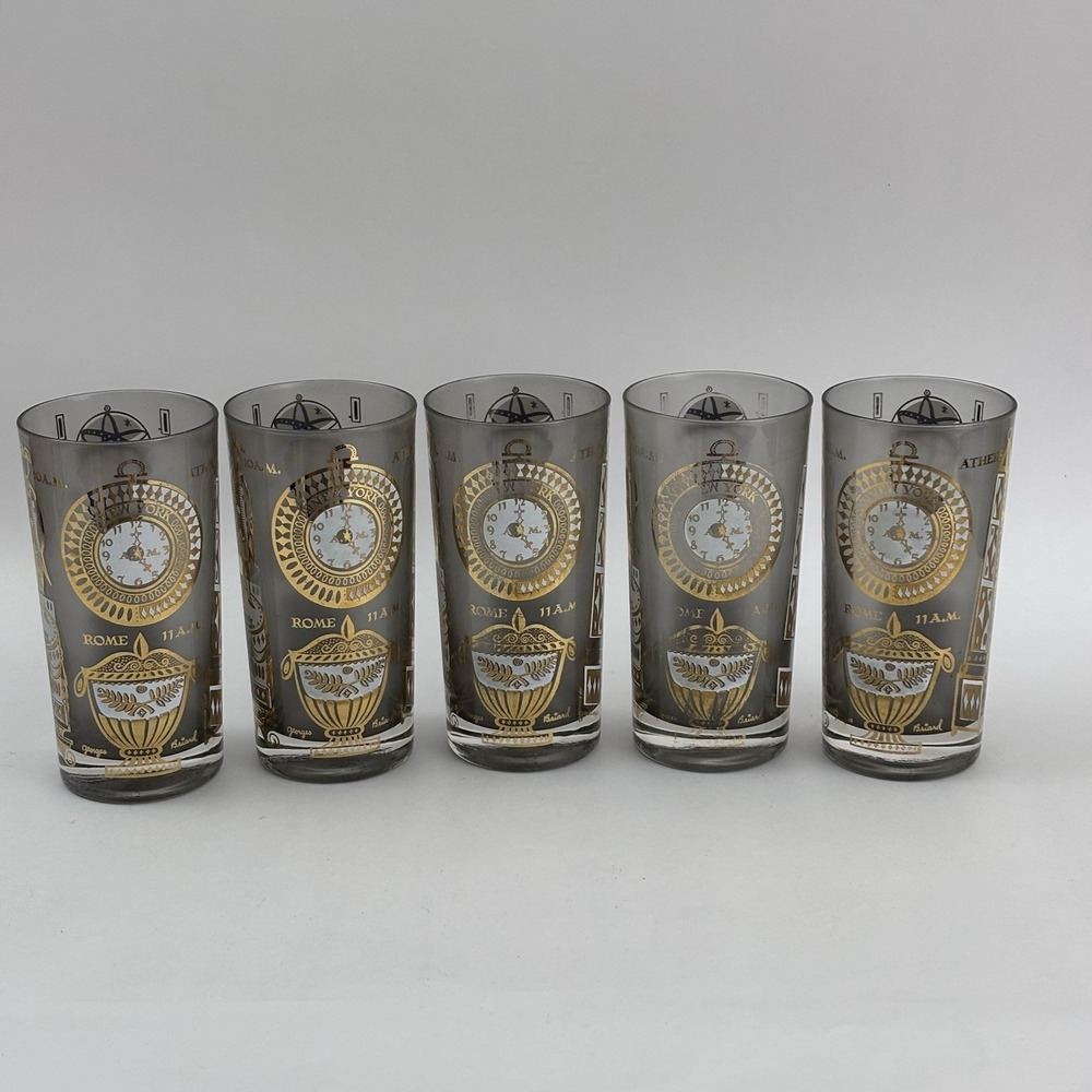 VTG Georges Briard "World Time" Glasses (5) Smoke Frosted Gold Accents MCM